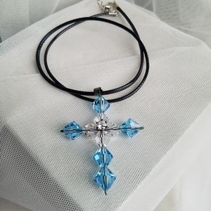 Swarovski Elements Large Aquamarine Cross Pendant Necklace on Black Cotton Cord